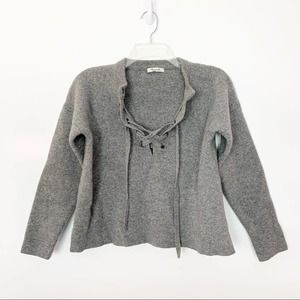 Madewell Grey Soft Knit Lace Up Criss Cross Neck Sweater